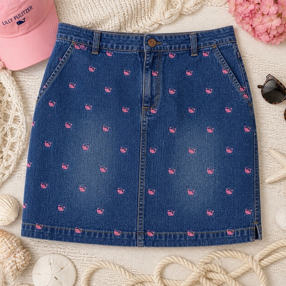Lilly Pulitzer Blue Denim Jean Skirt Size 10 Pink Embroidered Whales Beach